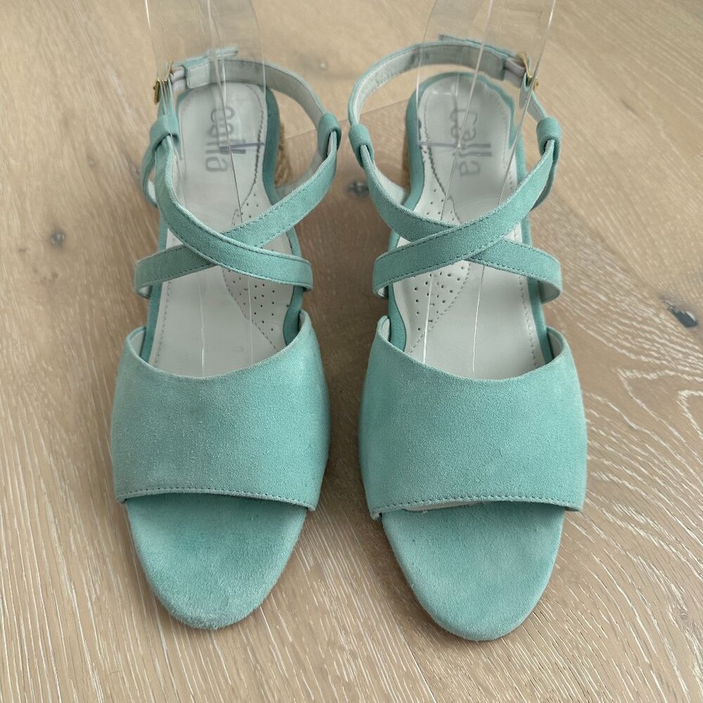 Aqua Suede Heeled Sandals with Round Block Heels
